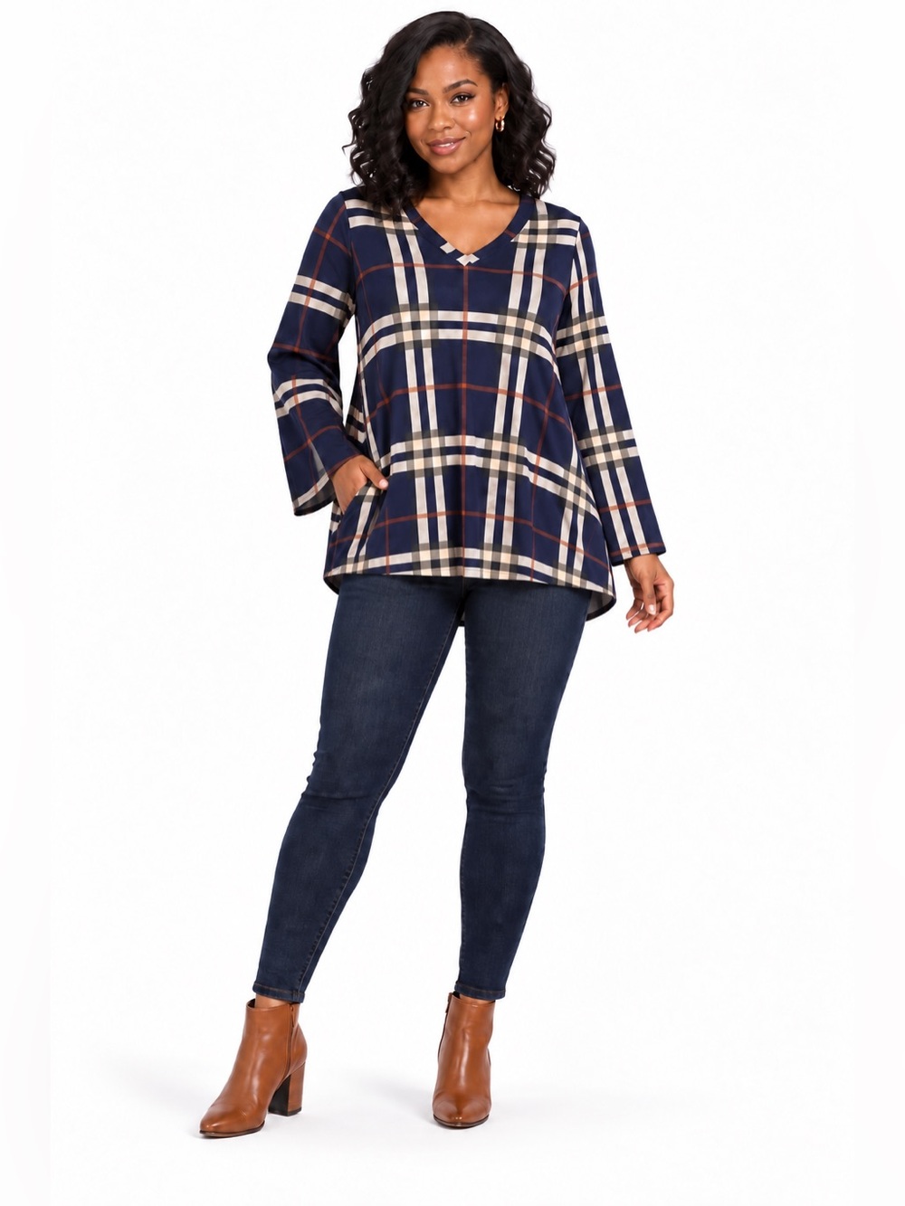 Lildy Women’s S/M Navy Plaid Handkerchief Hem Tunic Top With Pockets